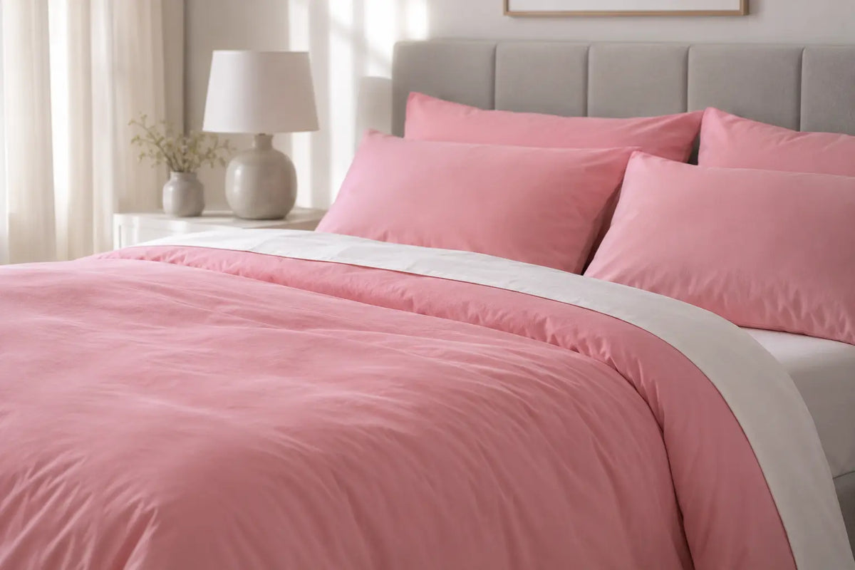 Neatly made bed with fitted and flat bed sheet sizes