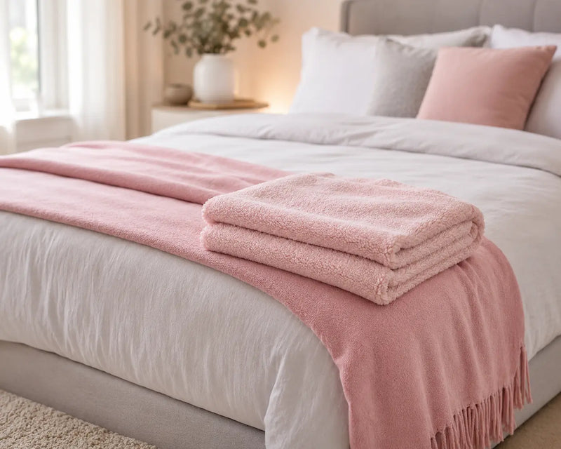 Bedroom bed layered with throw and blanket