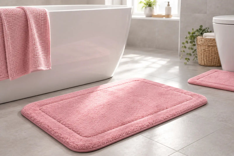 Memory foam bath mat set on bathroom floor