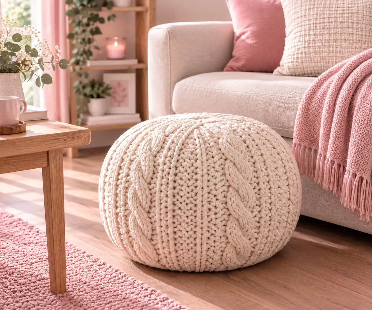 Light pink knitted pouffes and footstools