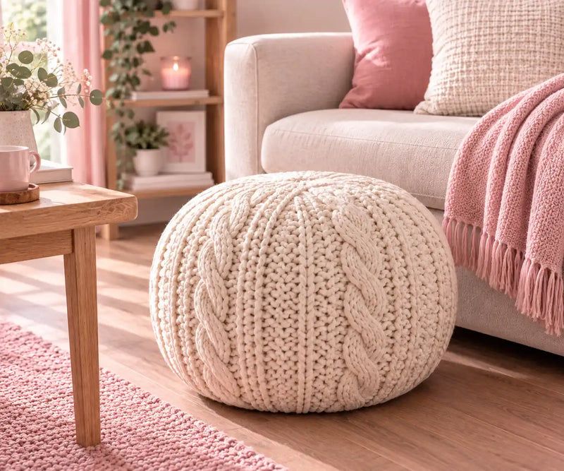 Light pink knitted pouffes and footstools