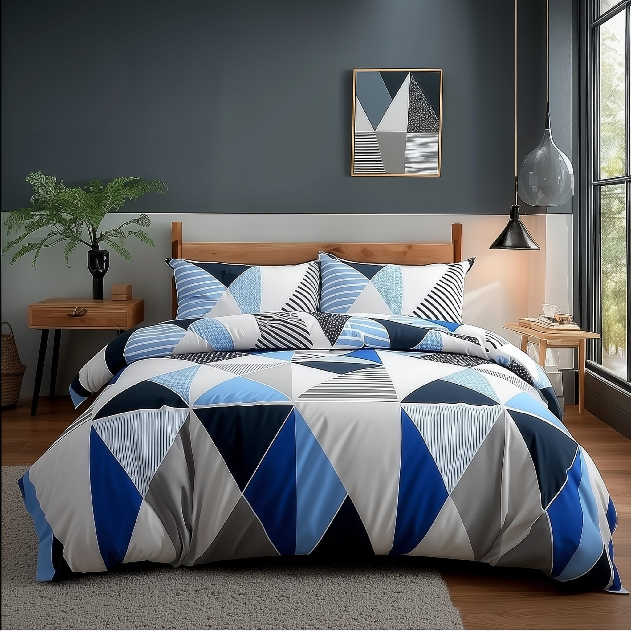 Duvet Cover And Pillowcase Set Multi Colour Triangle Design Polycotton Bed Linen