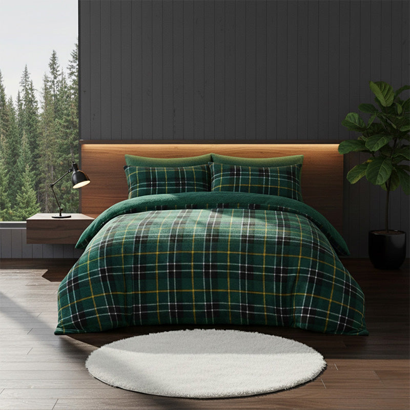Ultra Soft Teddy Duvet Cover Tartan Check Reversible Fleece Bedding