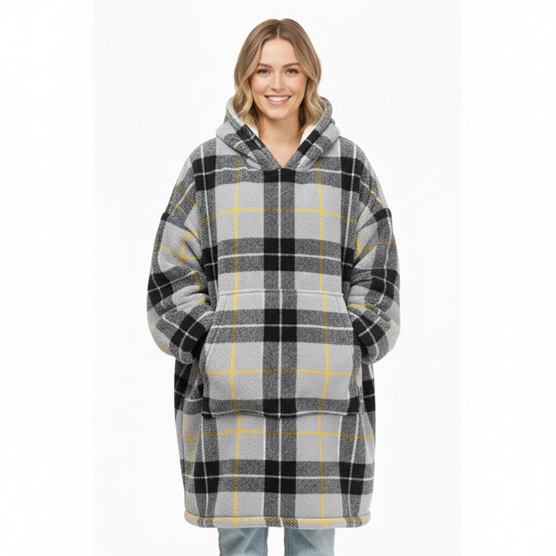 Unisex Tartan Check Fleece Hoodie Soft Warm Stylish Winter Loungewear