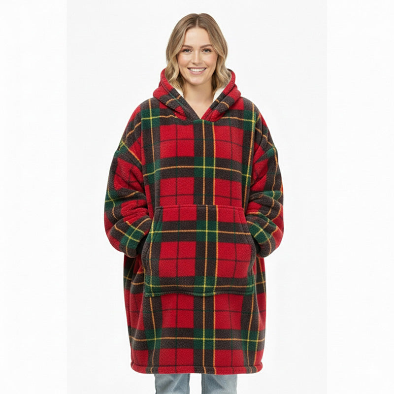 Unisex Tartan Check Fleece Hoodie Soft Warm Stylish Winter Loungewear