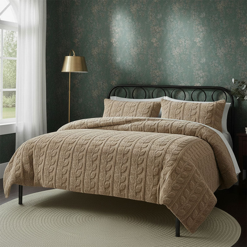 Ultra Soft Teddy Duvet Cover Set Leaves Embossed Cozy Fleece Bedding