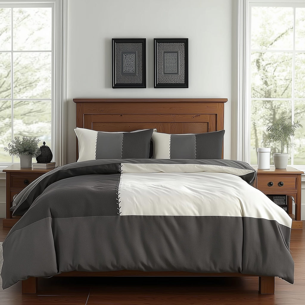 Duvet Cover And Pillowcase Set Black Blue Chocolate Patchwork Design Polycotton Bed Linen
