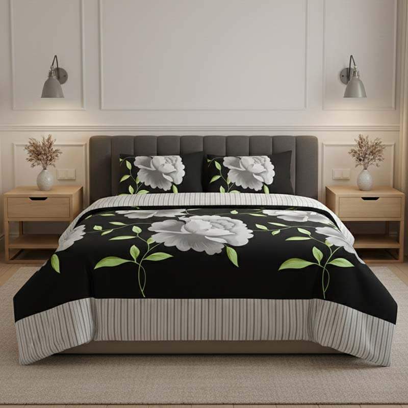 Reversible Floral Duvet Set Elegant Flower Stripe Pattern Bedding for Home Decor