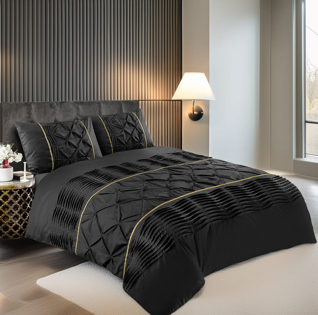 Duvet Cover And Pillowcase Set Silver Black Red Lilac White Pintuck Pleated Design Polycotton Linen