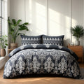 Duvet Cover And Pillowcase Set Natural Black Stripe Floral Design Polycotton Bed Linen
