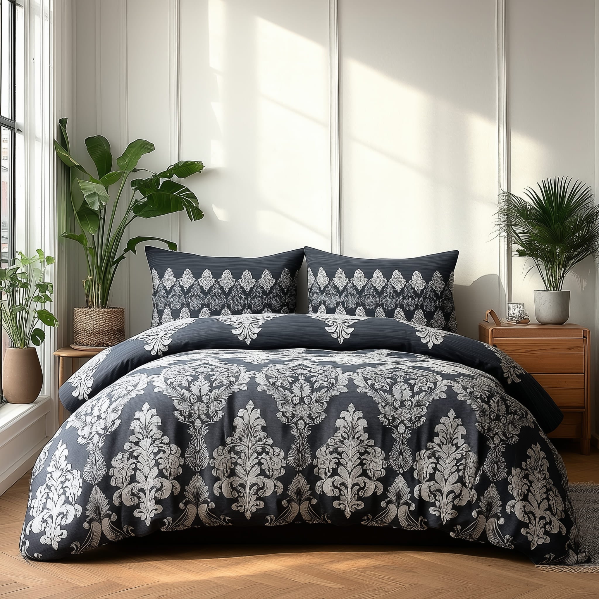 Duvet Cover And Pillowcase Set Natural Black Stripe Floral Design Polycotton Bed Linen