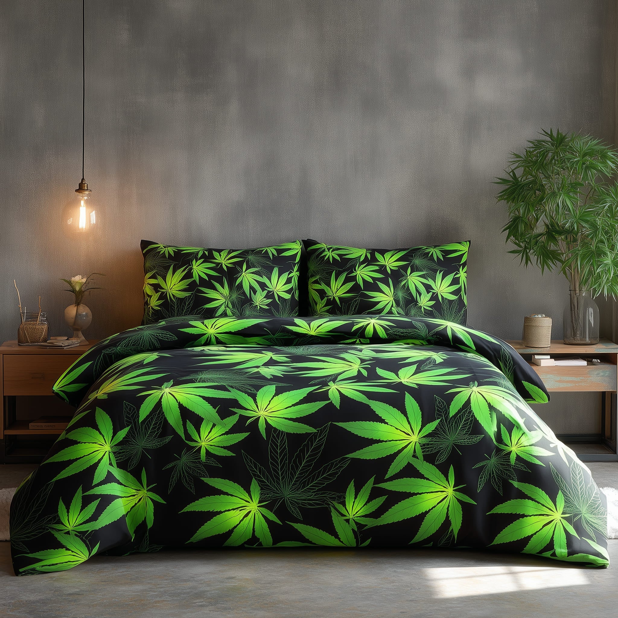 Duvet Cover And Pillowcase Set Black Or White Cannabis Design Polycotton Bed Linen