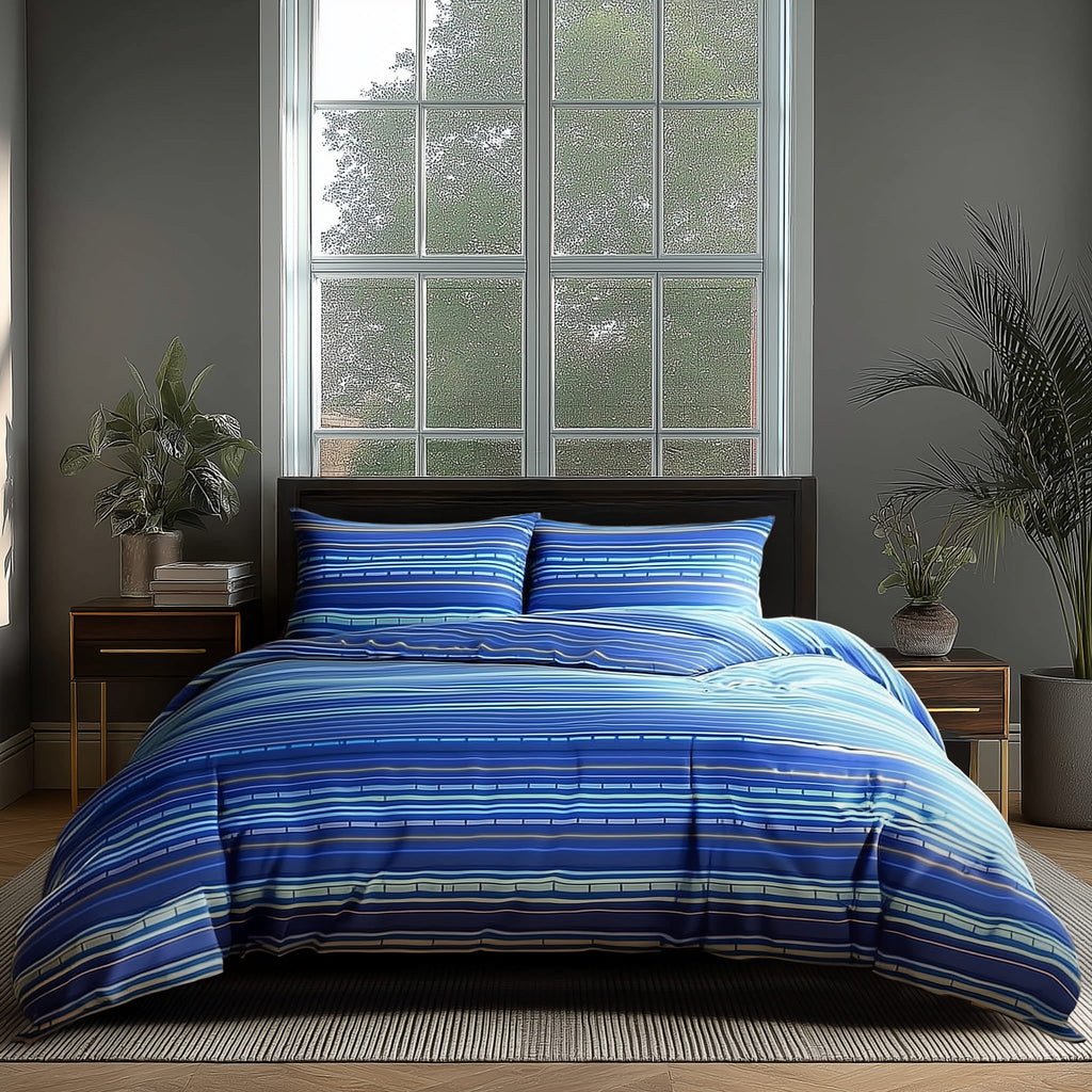 Duvet Cover And Pillowcase Set Blue And Red Stripe Design Polycotton Bed Linen