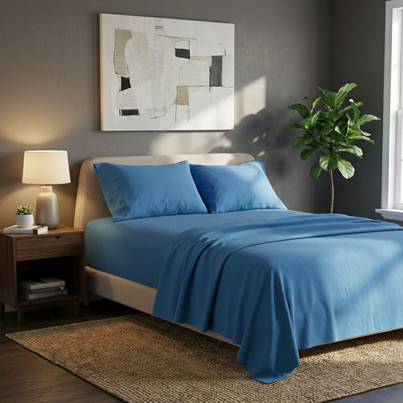 Soft Plain Brushed Cotton Fitted Flat Sheet Matching Pillowcases Set