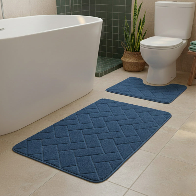 2 Piece Block Design Memory Foam Bath Mat Set Soft Absorbent Non-Slip Bathroom
