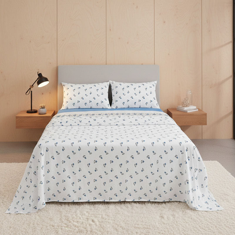 Soft Flower Print Brushed Cotton Fitted Flat Sheet And Matching Pillowcases