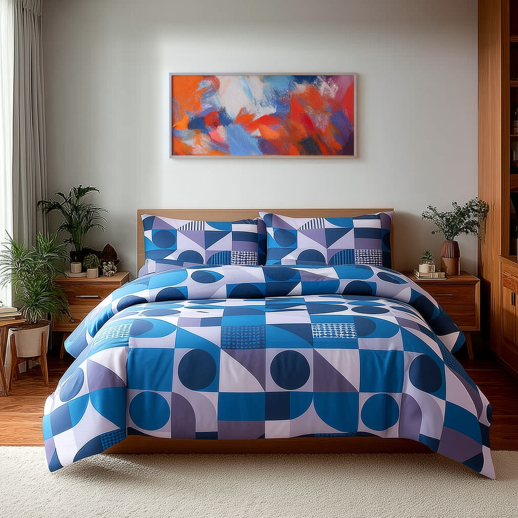 Duvet Cover And Pillowcase Set Red Blue Or Yellow Shape Design Polycotton Bed Linen