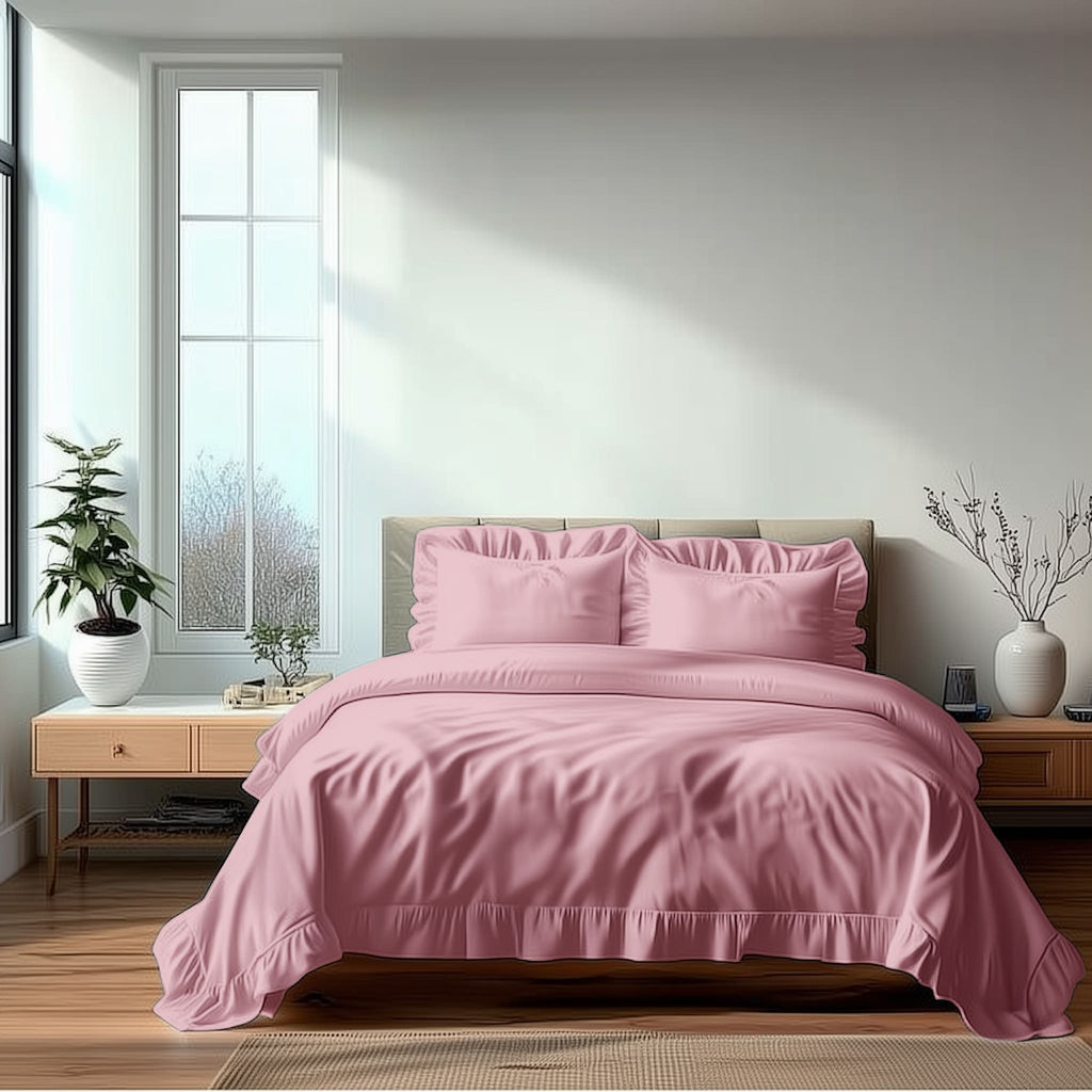 Duvet Cover And Pillowcase Set Pink Teal White Green Silver Frilled Design Polycotton Linen