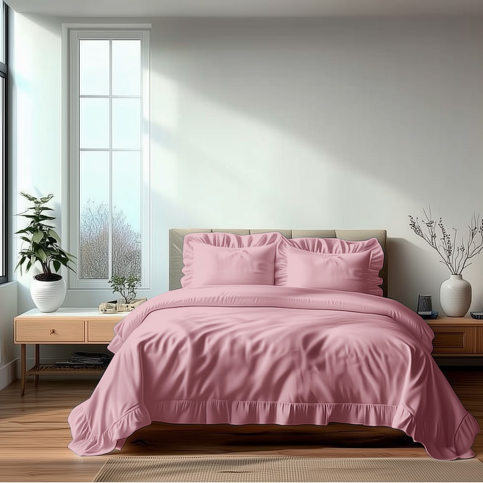 Duvet Cover And Pillowcase Set Pink Teal White Green Silver Frilled Design Polycotton Linen