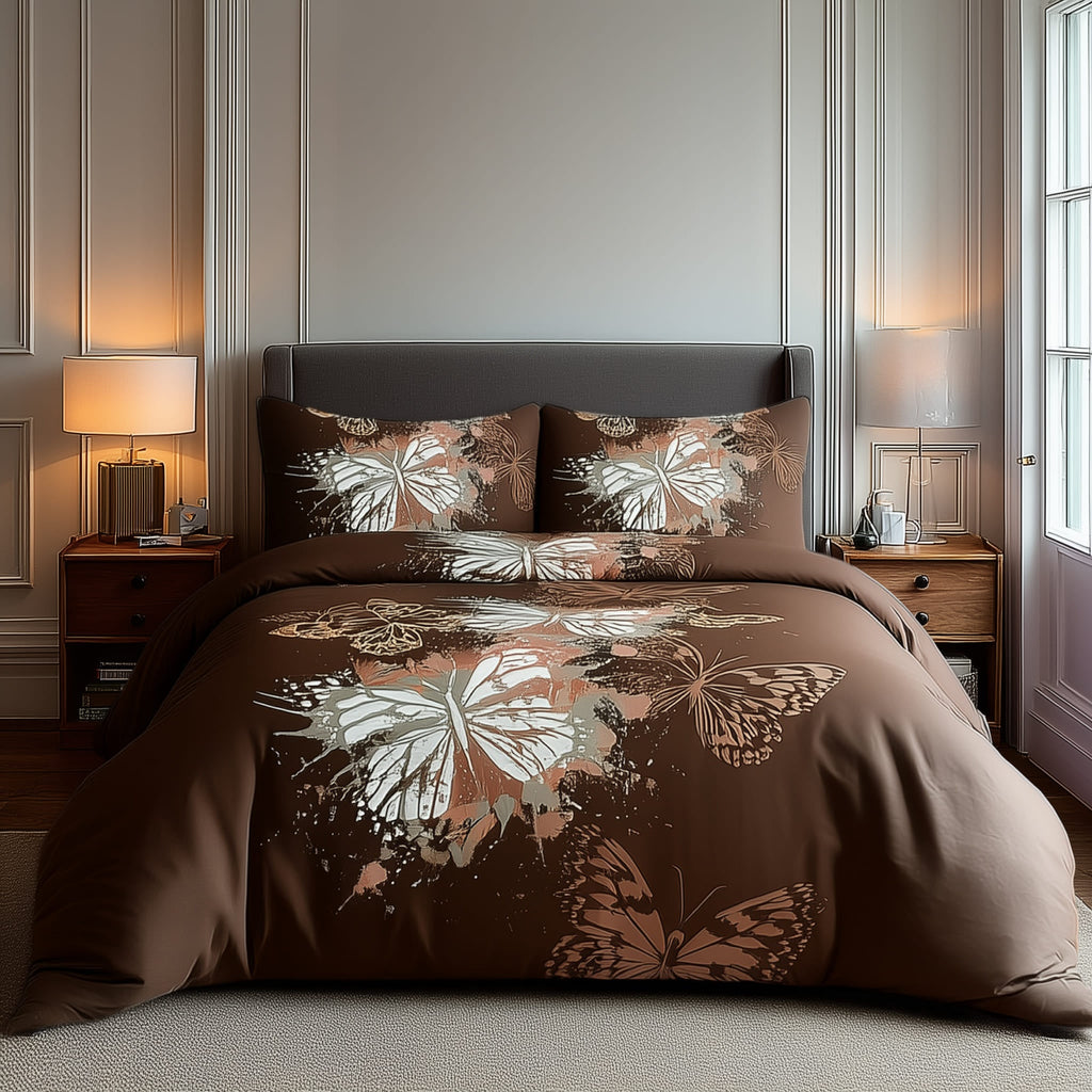 Duvet Cover And Pillowcase Set Purple Pink Chocolate Butterfly Design Polycotton Bed Linen