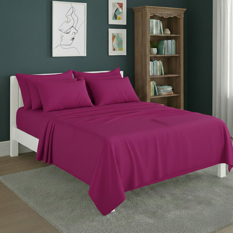 Plain Poly Cotton Easy Care Fitted Flat Sheet Matching Pillowcases Set