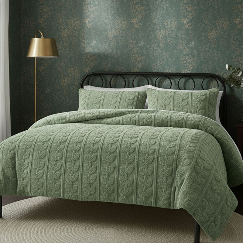 Ultra Soft Teddy Duvet Cover Set Leaves Embossed Cozy Fleece Bedding