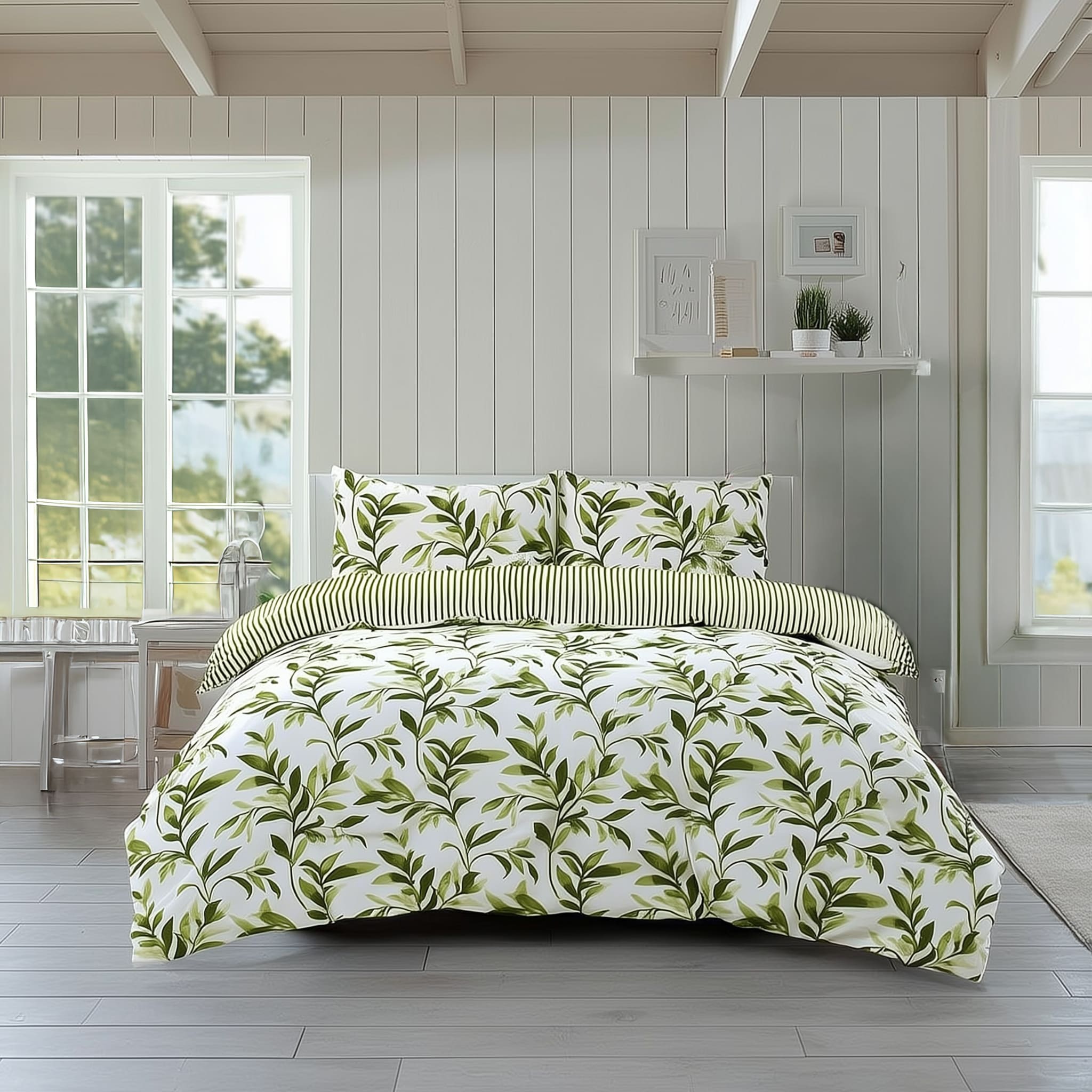 Duvet Cover And Pillowcase Set Reversible Leaf And Stripe Design Polycotton Bed Linen