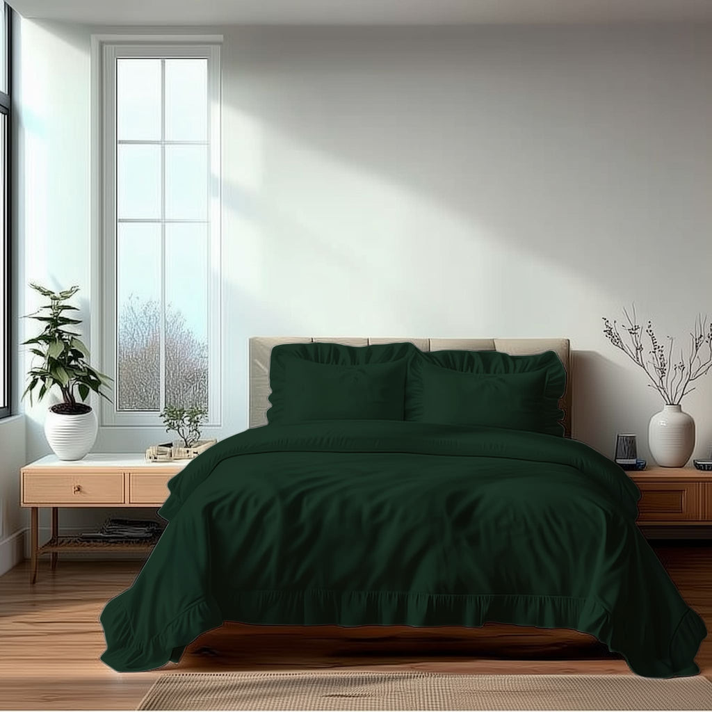 Duvet Cover And Pillowcase Set Pink Teal White Green Silver Frilled Design Polycotton Linen