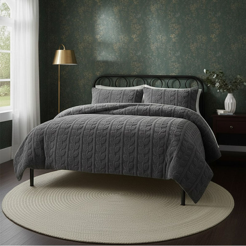 Ultra Soft Teddy Duvet Cover Set Leaves Embossed Cozy Fleece Bedding