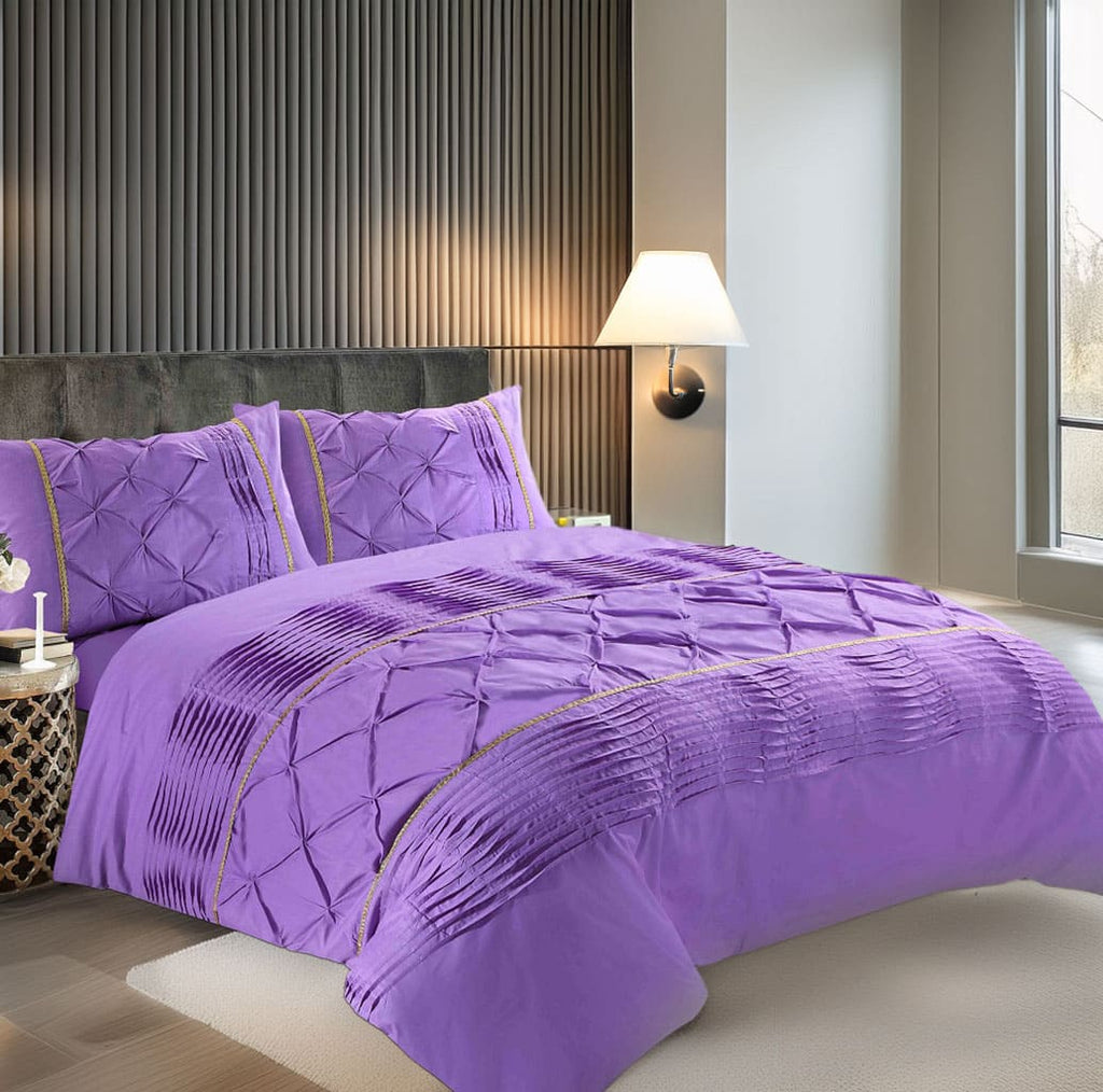 Duvet Cover And Pillowcase Set Silver Black Red Lilac White Pintuck Pleated Design Polycotton Linen