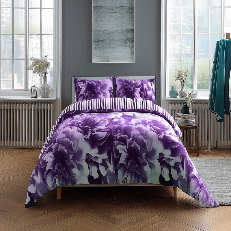 Duvet Cover And Pillowcase Set Reversible Rose And Stripe Design Polycotton Bed Linen