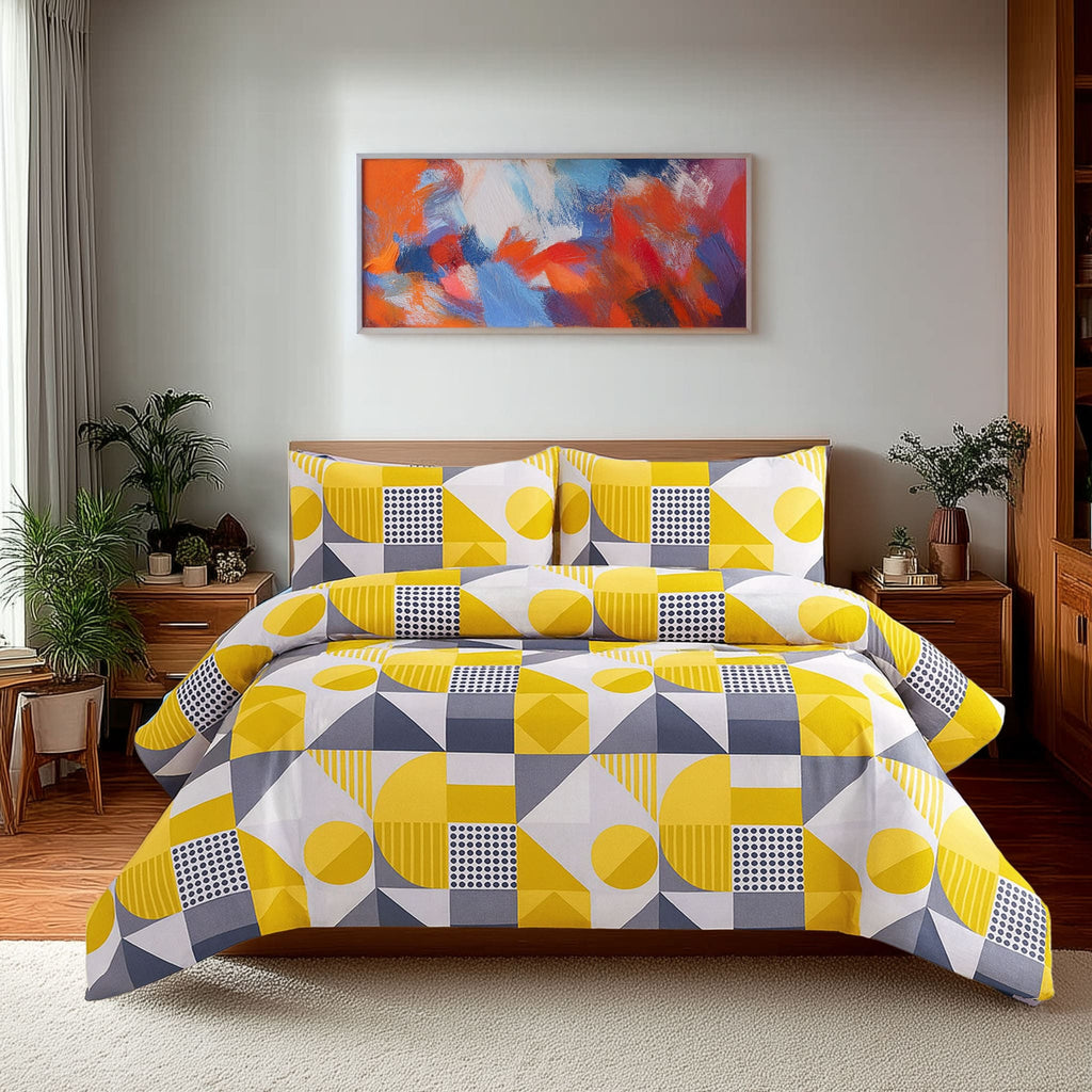 Duvet Cover And Pillowcase Set Red Blue Or Yellow Shape Design Polycotton Bed Linen
