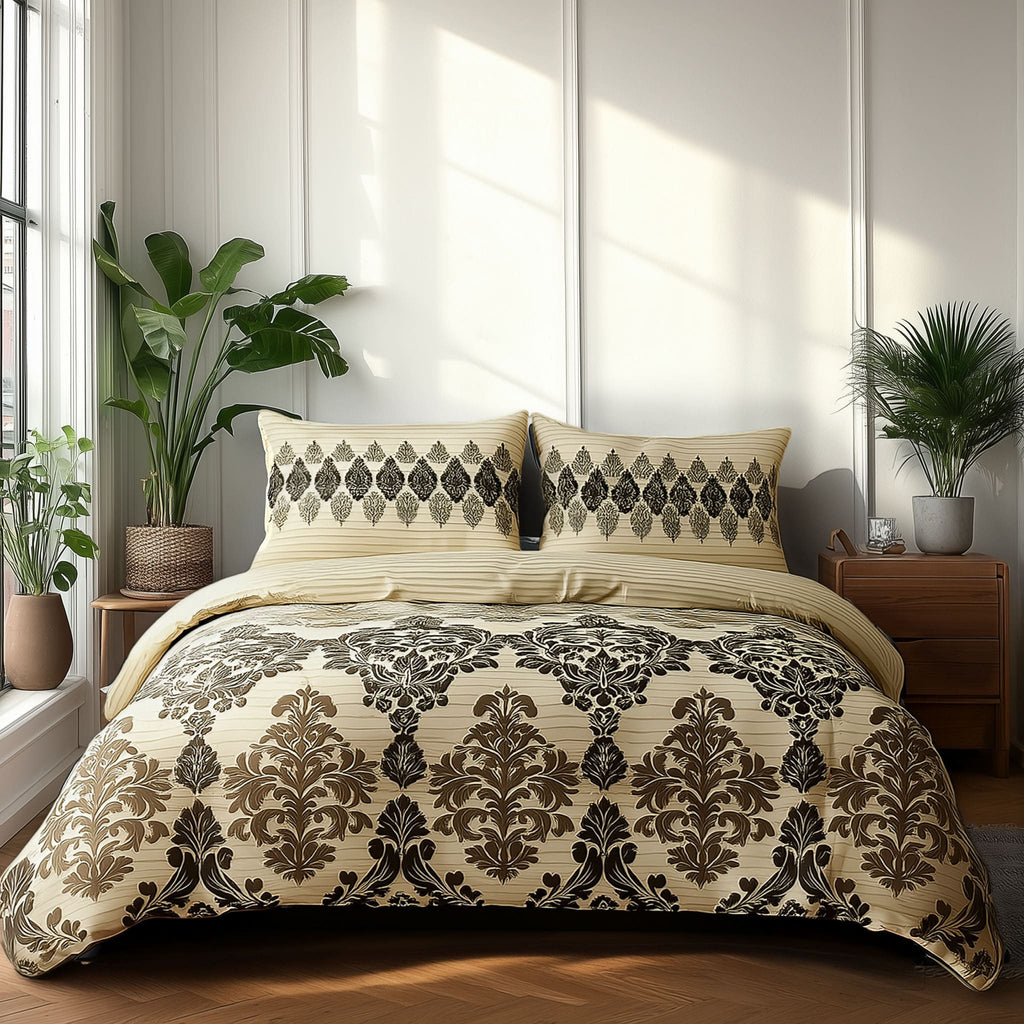 Duvet Cover And Pillowcase Set Natural Black Stripe Floral Design Polycotton Bed Linen