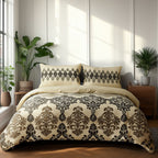 Duvet Cover And Pillowcase Set Natural Black Stripe Floral Design Polycotton Bed Linen