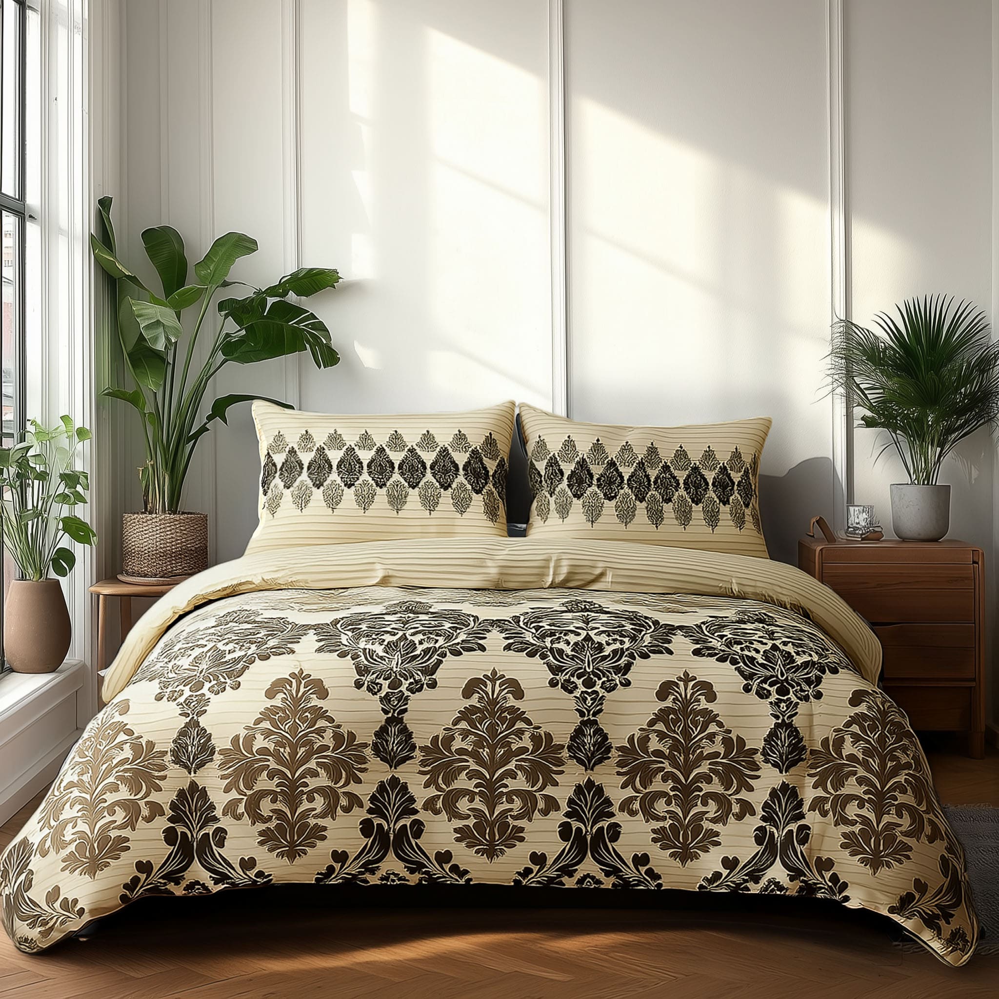 Duvet Cover And Pillowcase Set Natural Black Stripe Floral Design Polycotton Bed Linen