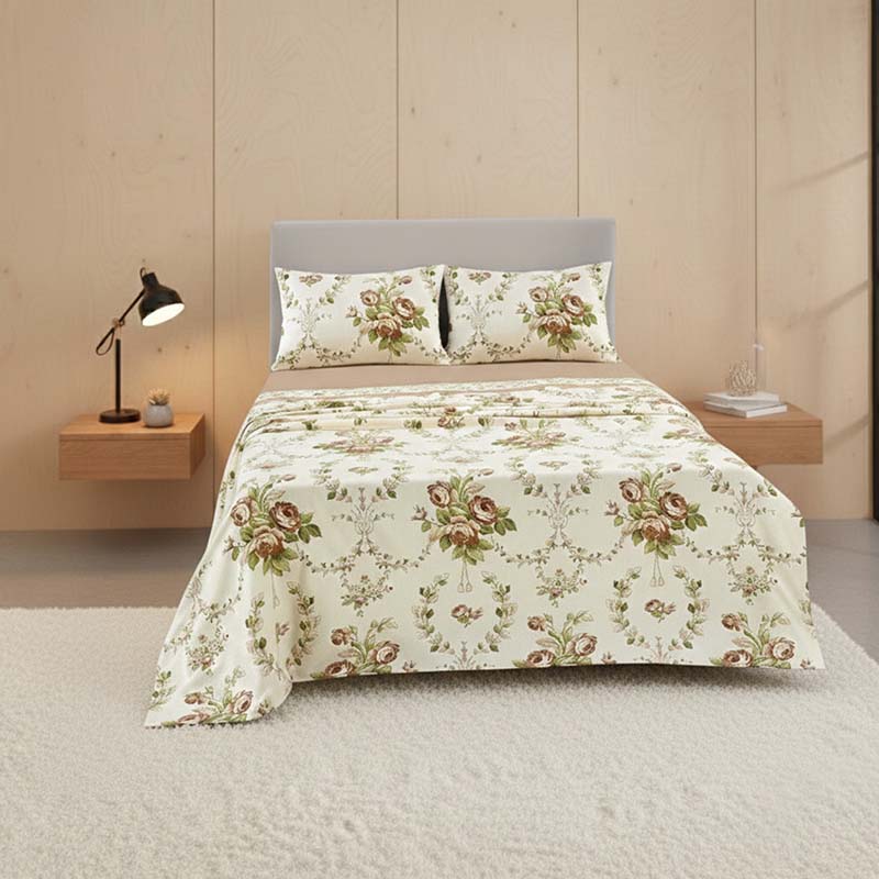 Soft Floral Brushed Cotton Fitted Flat Sheet And Matching Pillowcases