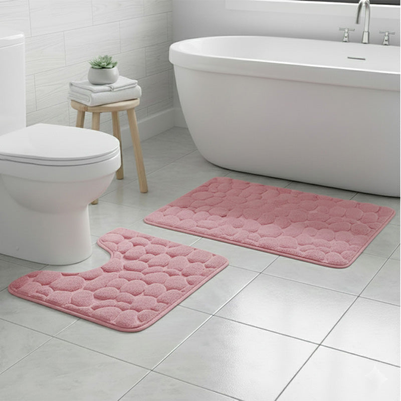 2 Piece Pebble Design Memory Foam Bath Mat Set Soft Absorbent Non-Slip Bathroom