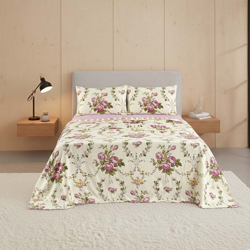Soft Floral Brushed Cotton Fitted Flat Sheet And Matching Pillowcases