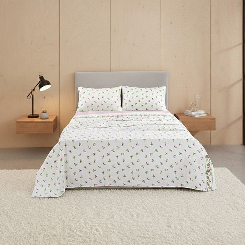 Soft Flower Print Brushed Cotton Fitted Flat Sheet And Matching Pillowcases