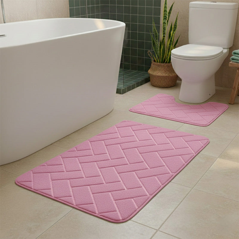 2 Piece Block Design Memory Foam Bath Mat Set Soft Absorbent Non-Slip Bathroom