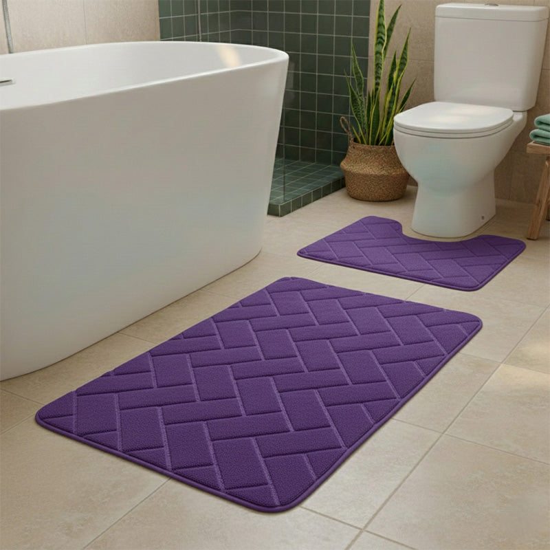 2 Piece Block Design Memory Foam Bath Mat Set Soft Absorbent Non-Slip Bathroom