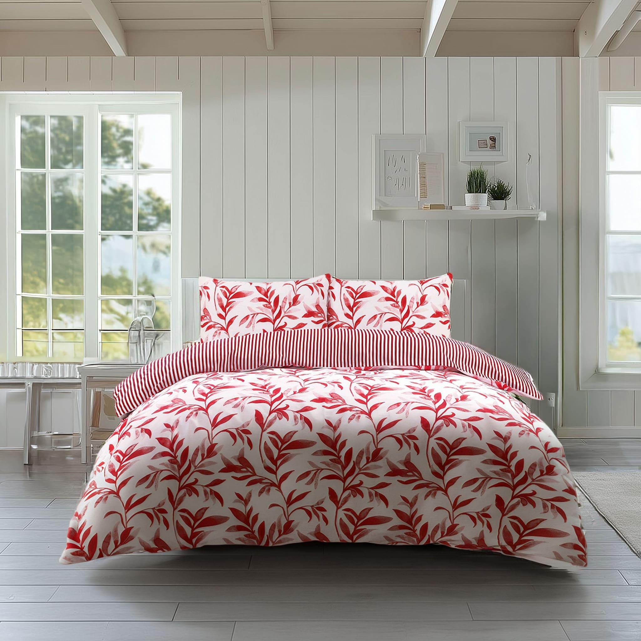 Duvet Cover And Pillowcase Set Reversible Leaf And Stripe Design Polycotton Bed Linen