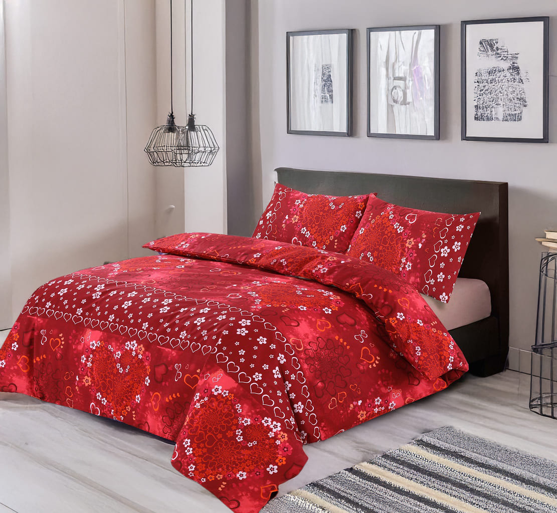 Duvet Cover And Pillowcase Set Plum Red Teal Love Heart Design Polycotton Bed Linen