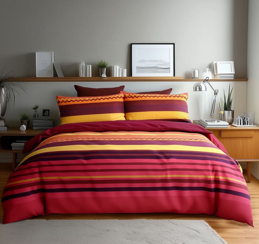 Duvet Cover And Pillowcase Set Red Black Stripe Design Polycotton Bed Linen