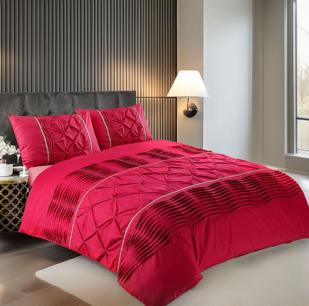 Duvet Cover And Pillowcase Set Silver Black Red Lilac White Pintuck Pleated Design Polycotton Linen