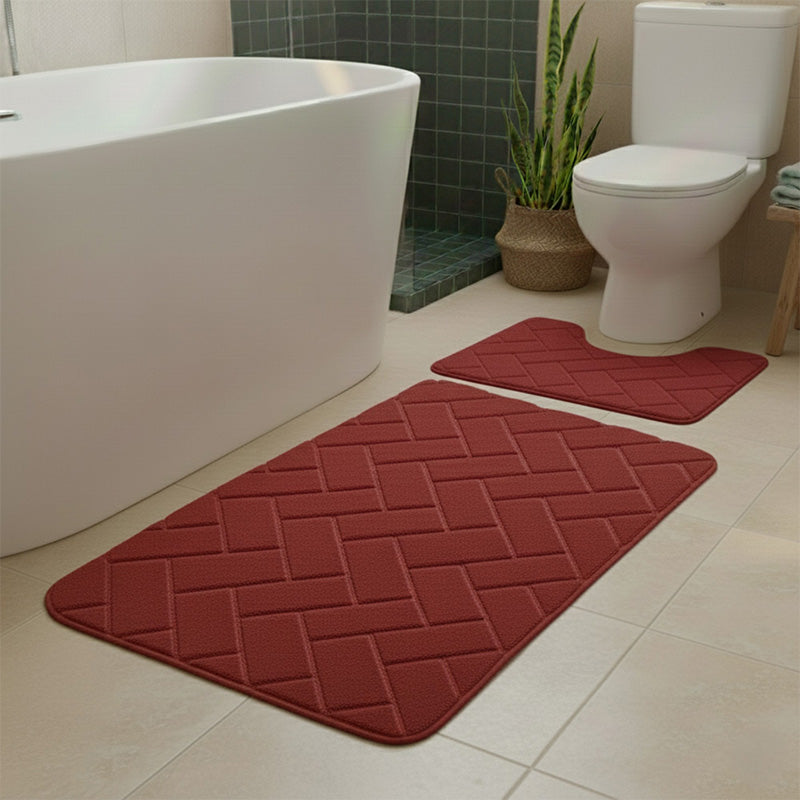 2 Piece Block Design Memory Foam Bath Mat Set Soft Absorbent Non-Slip Bathroom