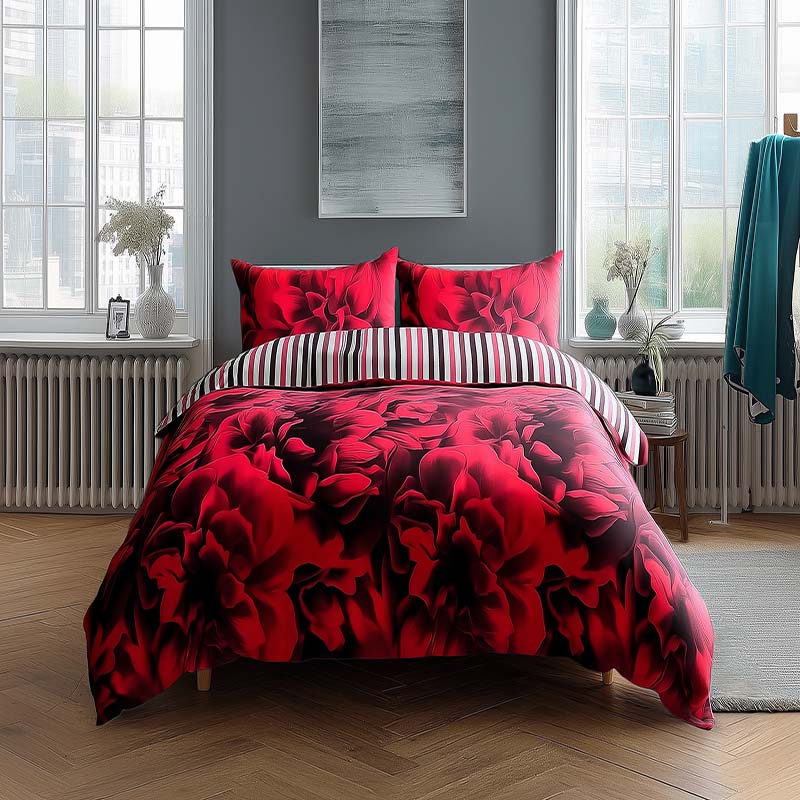Duvet Cover And Pillowcase Set Reversible Rose And Stripe Design Polycotton Bed Linen
