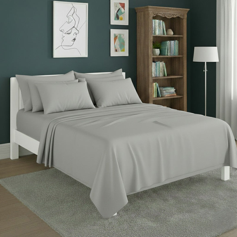 Plain Poly Cotton Easy Care Fitted Flat Sheet Matching Pillowcases Set