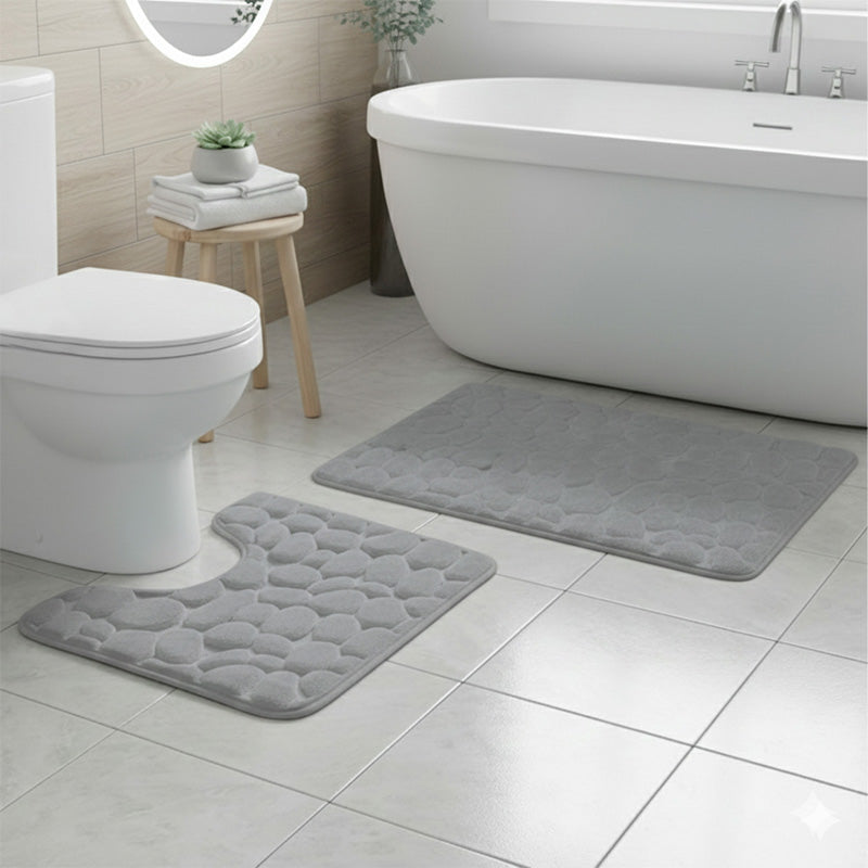 2 Piece Pebble Design Memory Foam Bath Mat Set Soft Absorbent Non-Slip Bathroom