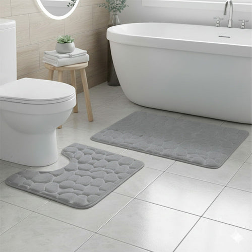 2 Piece Pebble Design Memory Foam Bath Mat Set Soft Absorbent Non-Slip Bathroom